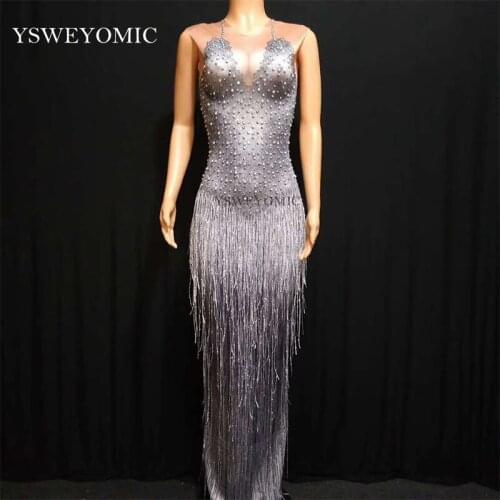 Grey Silver Rhinestones Fringes Dress Stage Wear Big Stretch Dress Singer Evening Performance Tassel Long Dress