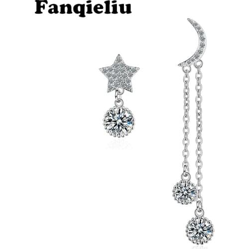 Fanqieliu Asymmetric Star Moon Real 925 Sterling Silver Drop Earrings Crystal Women For Girls Trendy Jewelry Gift FQL20224