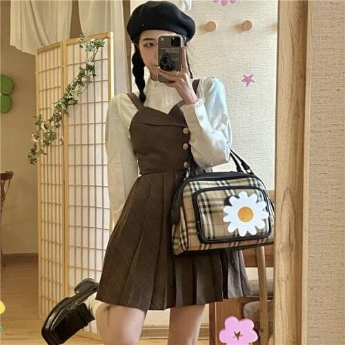 Suit Female 2021 Spring and Autumn New French Retro Student Shirt + Plaid Strap Pleated Dress Two-piece
