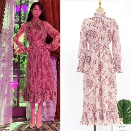 Kpop IU Lee Ji Eun summer new fashion pink bow-knot pleated Floral dress women party temperament sexy long-sleeved loose dresses