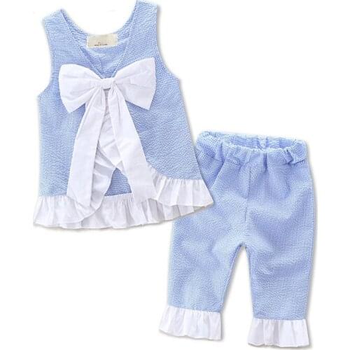 2019 Summer Girls Big Bow Vest Tops + Shorts Pants Clothes Outfits Set Cute Kids Baby Patchwork Sleeveless Girls Clothes Set