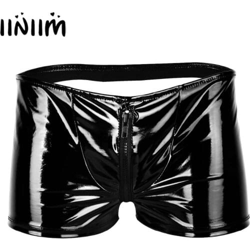 Mens Lingerie Shiny Metallic Zipper Bulge Pouch Open Butt Boxer Shorts Underwear Sexy Gay Panties for Costume Party Clubwear