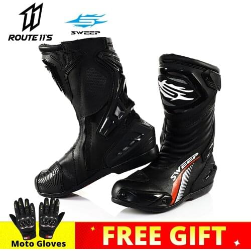 SWEEP Mens Motorcycle Boots Riding Competitive Anti-skid Waterproof Road Cross-country Anti-drop Racing Motorcycle Shoes Moto