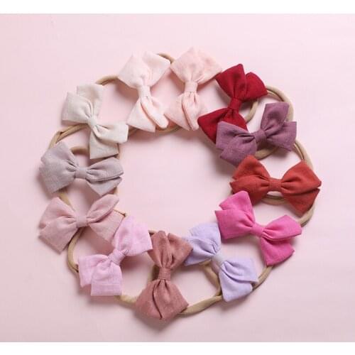 23pcs/lot Linen Cotton Sailor Bows Nylon Headbands Newborn Baby Girls Knotbows Elastic Nylon Hairbands Hair Accessories