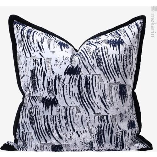 Simple and light luxury blue ink pattern flocking square pillow living room soft furnishing bedroom sofa cushion pillow