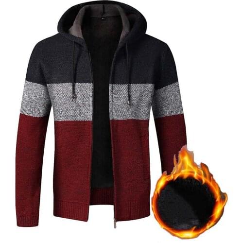 Shopify Drop Shipping Thick Warm Zipper Wool Hooded Cardigan Jumpers Male Striped Jackets Long Sleeve Casual Knitwear