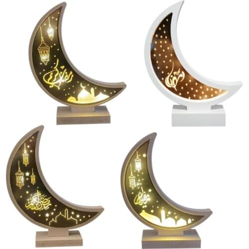 Ramadan Eid Mubarak Decorations Wooden Moon Ornament Arab Muslim Light Craft