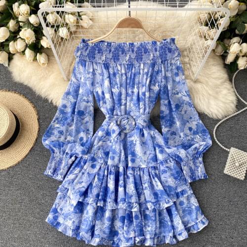 SINGREINY Women Korean Floral Dress Slash Neck Long Sleeve A-line Ruffles Dresses Autumn Sexy Off Shoulder Bohemian Short Dress