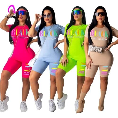 Tracksuit Women 2 Piece Set Letter Print Tshirt Biker Shorts Summer Fitness Short Sleeve Casual 2 Pieces Matching Set Women Suit