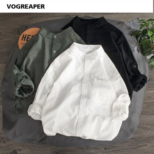 Summer Men Solid Shirt Three Quarter Korean Fashion 100% Cotton Shirt Male Streetwear Male Blouse