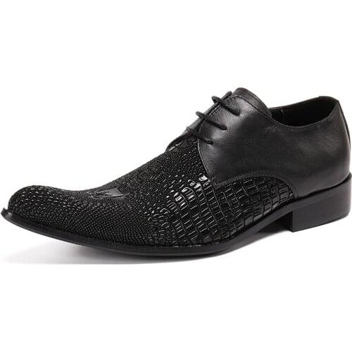 Men Genuine Leather Crocodile Pattern Shoes Formal Dress Classic Pointed Glossy Mens Wedding Lace Up Oxford Shoes Size 46