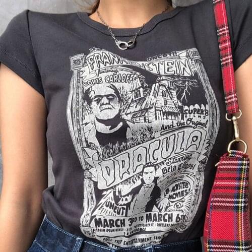 2021 Vintage comic print short-sleeved T-shirt ins summer new skinny women short top Harajuku hip-hop streetwear mujer clothes