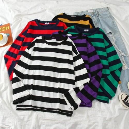Women t-shirt oversize Harajuku casual tops Long sleeve stripe undefined harajuku Kawaii vintage Ulzzang big size Loose Clothing