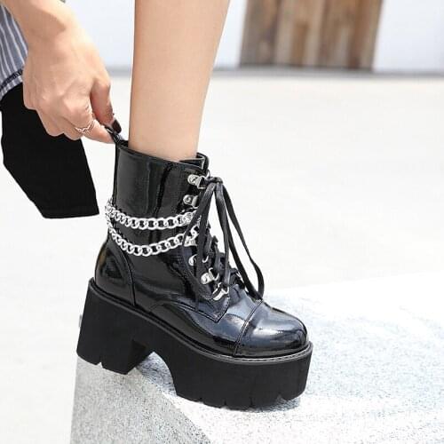 Size 42 Ankle Boots For Women Black Patent Leather Punk Boots 8cm Heeled Boots Fall Shoes Fashion Chain Platform Boots Gothic