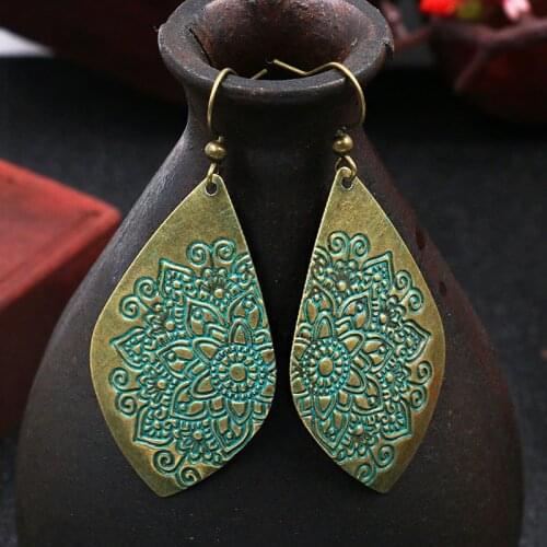 Women Antique Bronze Carved Teardrop Earrings Ethnic Jewelry Triangle Earrings Pendant