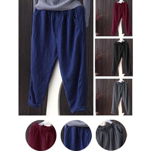 2021 Womens Plus Size Pants Linen Harem Pants Loose Slim Casual Mid-waist Trousers High Quality Daily Simple Pants Dropshipping