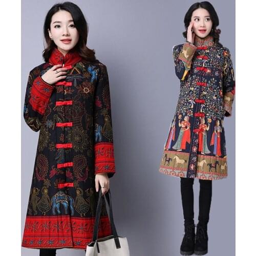 Chinese Style Stand Collar Winter Coat Woman 2019 Fashion Flower Printed Cotton Loose Coat Female National Style Big Size 4XL