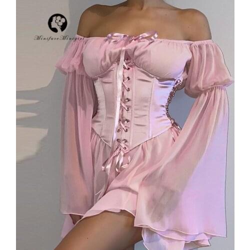 Womens Sexy Off Shoulder Bohemian Chiffon Ruffle Flare Sleeve Mini Dress Waist Trainer Corset Summer Sundress Lace-Up Minidress