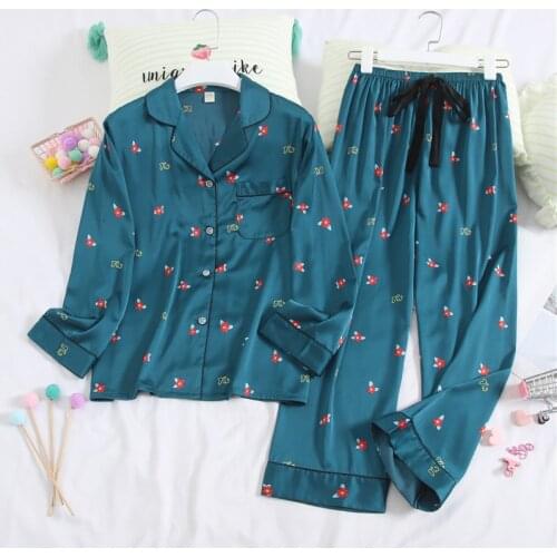 Winter Women Comfortable Silk Pajama Set Girl Print Pyjama Set Long Sleeve Sleepwear