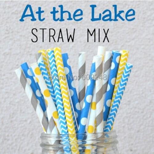 100pcs Mixed Colors At the Lake Paper Straws Old Fashioned,White with yellow dot, grey stripe, yellow chevron, blue chevron