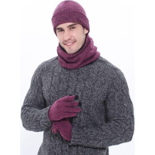 2020 Warm Winter knitted hats scarf and gloves For Men Auburn Grey Black mens hat and scarf set 3pcs