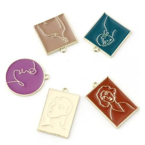 5 PCs Morden People Charms Pendant For Necklace Making Zinc Based Alloy Charms Multicolor Geometric Enamel Charms