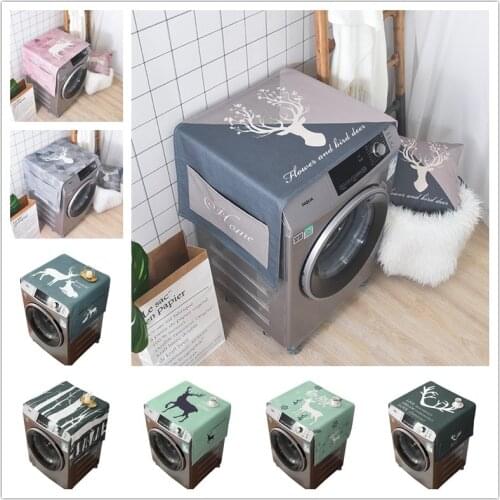 Nordic Modern Elk Washing Machine Covers Waterproof Towel Cotton Linen Plaid Dust Cover With Pocket Home Decor