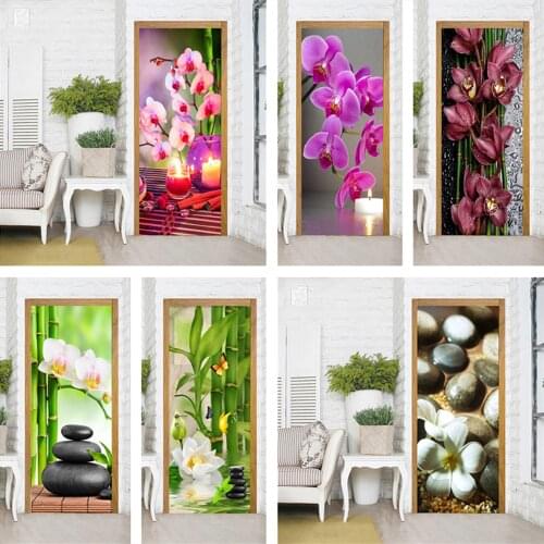 Flowers Stone Bamboo PVC Wallpapers On Door Self-adhesive Mural Poster For Living Room Closet Door Sticker Decal deursticker