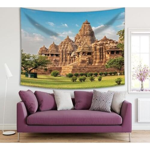 Tapestry Kandariya Mahadev Temple, Khajuraho, India Unesco World Heritage Site Landmark Gold Green Blue