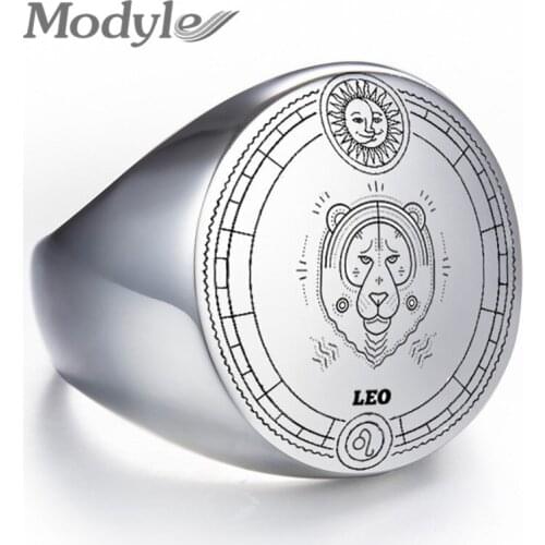 Modyle Punk Vintage Twelve Constellations Rings for Men Women Big Round Silver Color 316L Stainless Steel 12 Horoscope Ring