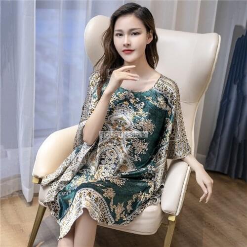 Nightgown For Women Kimono Summer Dressing Gown Satin Nightdress Big Size Printed Sleepwear O-Neck Intimate Lingerie Nightwear