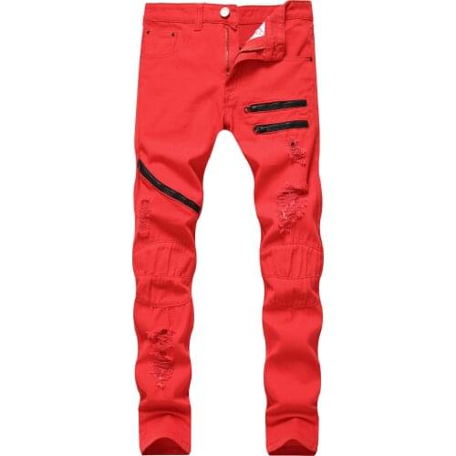 2020 Autumn New Mens Hole Denim Trousers Fashion Ripped Red Jeans Hip Hop Vintage Skinny Jeans Man Zip Up Casual Jean Homme 바지