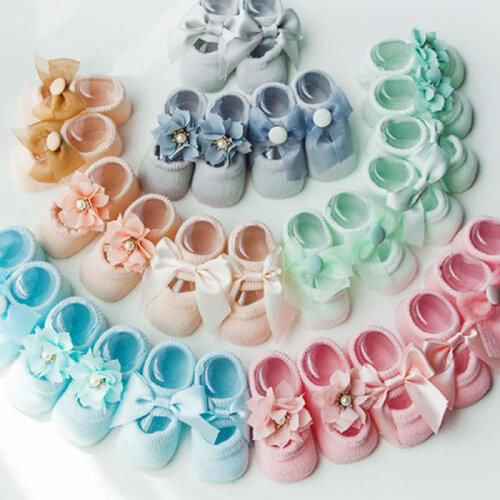 New baby baby socks thin cotton floor combed cotton bud silk flowers bow antiskid ship socks toddler baby girl short socks
