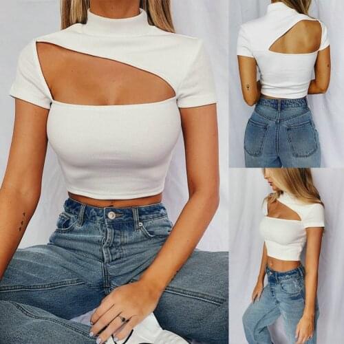 New Womens Tanks Summer Solid Short Sleeve Hollow Out Irregular Turtleneck Short Tops Skinny Sexy Lady Backless Wear 2020
