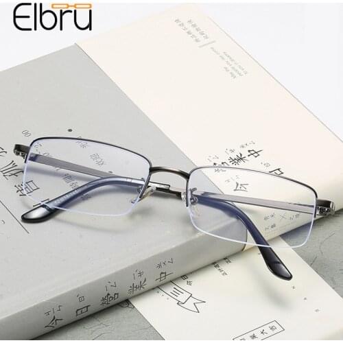 Elbru Business Men Square Semi-rimless Myopic Glasses Anti Blue Light Short-sighted Eyeglasses Ultralight Metal Clear Eyewear