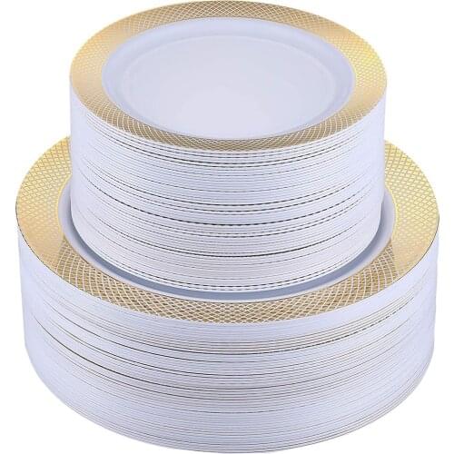 20-Piece Disposable Tableware Golden Mesh Square Plastic Plate 7.5 inch and 10.25 inch Elegant Fancy Heavy Duty Wedding Plate