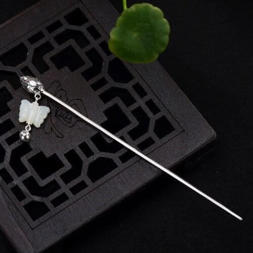 925 Sterling Silver Hair Stick Lotus Flower Jade Butterfly Ancient Chinese Hair Accessory Tassel Luxury Jewelry Hanfu Cosplay