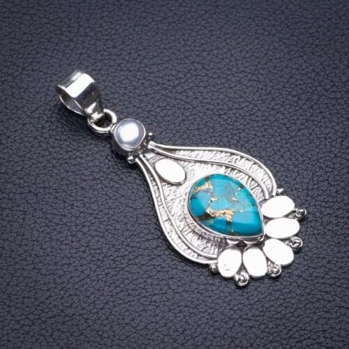 StarGems Natural Copper Turquoise And River Pearl Handmade 925 Sterling Silver Pendant 2" D5516