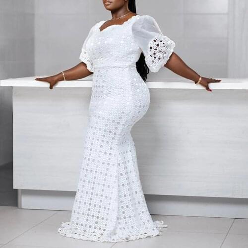 Hollow Out Mermaid Sexy Summer Long Maxi Robe 2021 African High Waist Trumpet Femme Vestiods White Elegant Party Bodycon Dress
