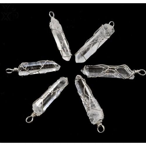 YJXP Irregular Shaped Natural White Crystal Pillar Wire Wrapped Reiki Healing Clear Quartz Pendant Women Charm Jewelry 1Pcs