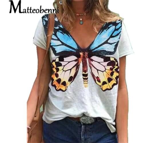 Womens Butterfly Print T-Shirt V-Neck Short Sleeve Ladies Tops T-Shirts 2021 Summer Fashion Casual Street T-Shirt Female Blusa