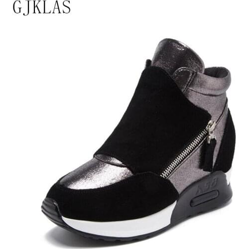 Black Wedges Shoes for Women Heels High Top Sneakers Genuine Leather Autumn Winter High Heel Sneakers Women Shoes Casual Fashion