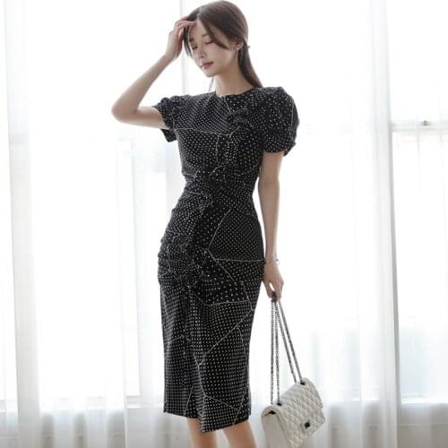 New arrival fashion party dress women elegant summer puff sleeve o-neck ruffle temperament fresh simple dot asymmetrical dress