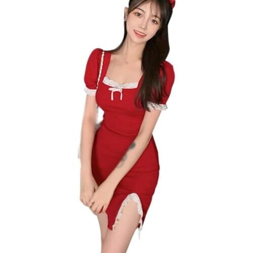 DAXIN Korean Lace Stitching Summer Square Collar Dress Short Puff Sleeve Sexy Party Vestidos Femme vestido de mujer