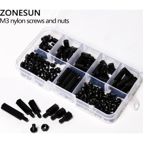 ZONESUN A96 180Pcs M3 Nylon Black M-F Hex Spacers Screw Nut Assortment Kit Stand off Set Box