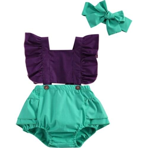 2Pcs Baby Summer Outfits Square Color Ruffled Romper + Bowknot Headband Suit for Toddler Girls