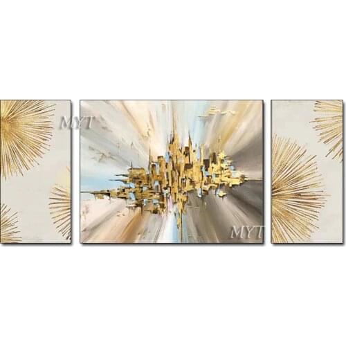 100% hand painted golden 3 piece combination home modern living room abstract acrylic knife painting