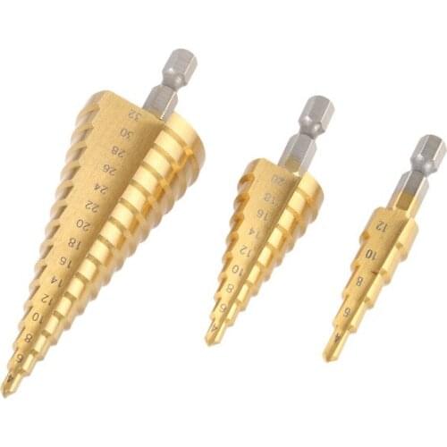 3 Pcs/set Drill Bits Hex Shank HSS Titanium Coated Straight Flute Stepped Drill Bits Pagoda Drill Bit Set 4-32mm 4-20mm 4-12mm