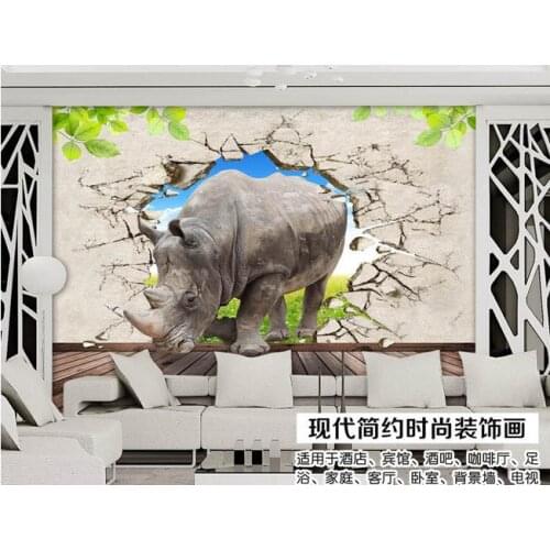 3D wallpaper 2015 New non-woven 3 d rhino to break a wall and into the TV setting wall decoration wallpaper