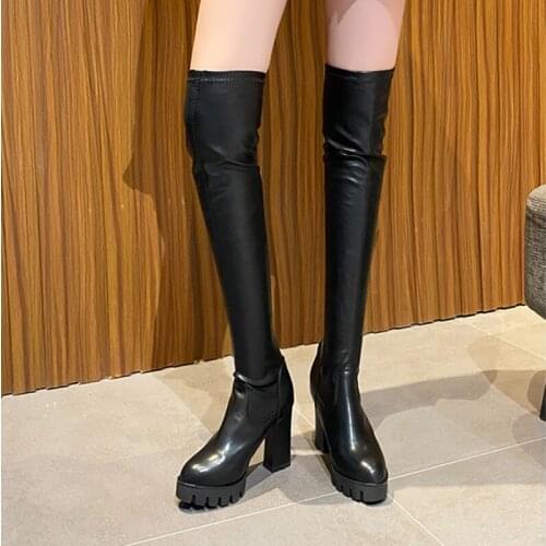 Black Womens Boots 2021 Spring Autumn Fashion Knight High Heels Platform Shoes Female PU Leather Thick Heel Over The Knee Boots